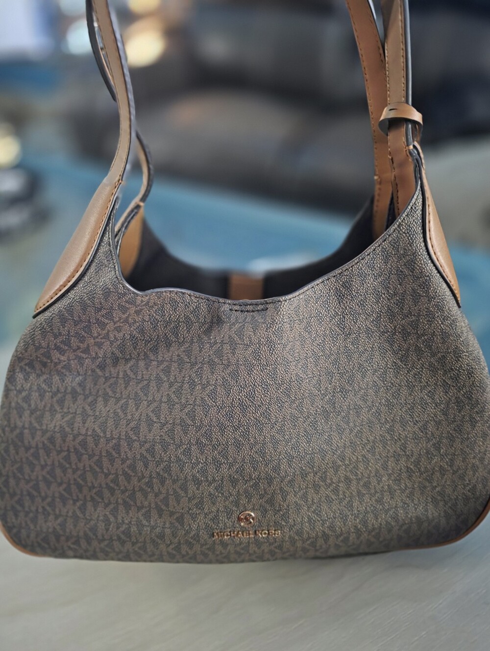 Michael Kors Brown Monogram Shoulder Bag with Tan Accents